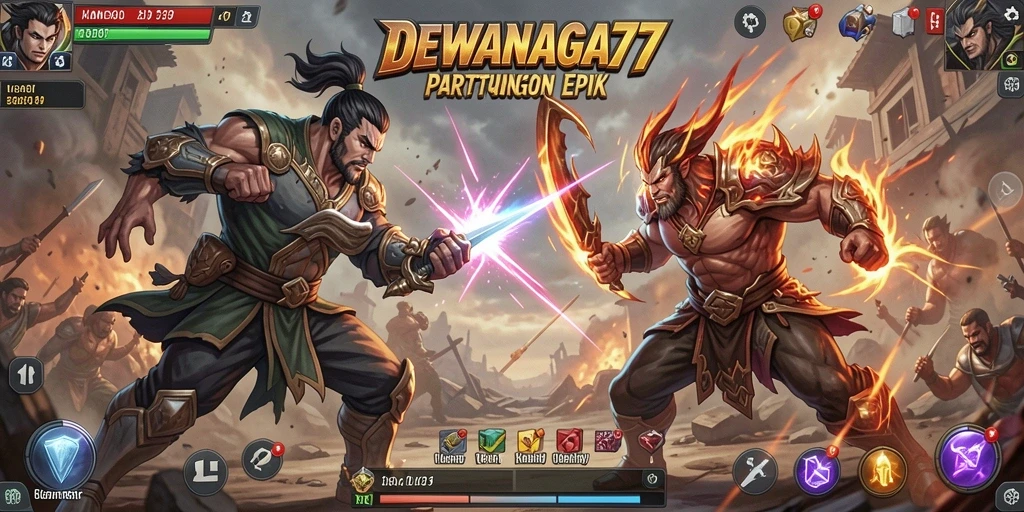 Screenshot gameplay DEWANAGA77 menampilkan pertarungan intens dengan karakter kuat.