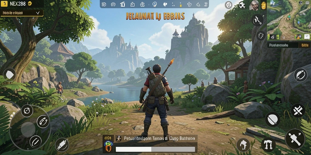 Screenshot menampilkan karakter menjelajahi dunia terbuka yang indah.