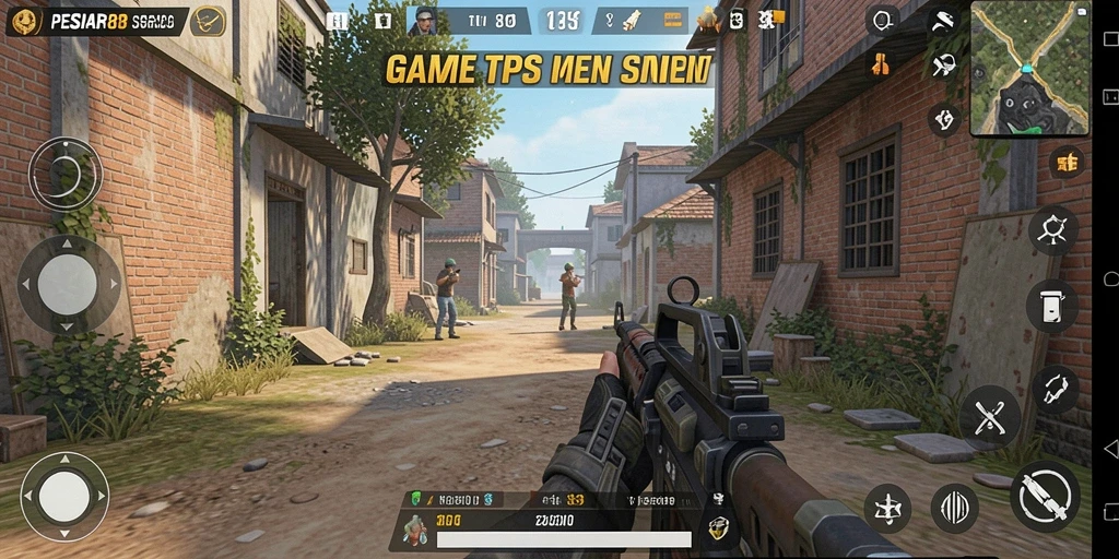 Screenshot menunjukkan aksi tembak-menembak intens di PESIAR88.